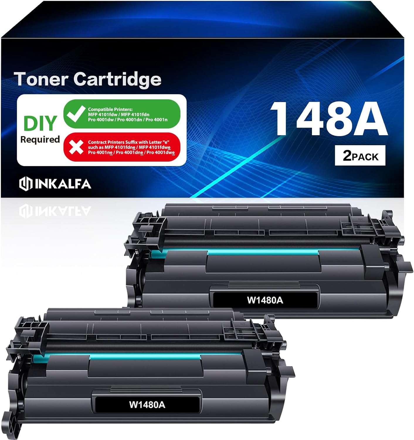 148A Toner Cartridge Black NO Chip Compatible Replacement for HP 148A W1480A 148X W1480X for HP Pro 4001dw 4001dn 4001n MFP 4101fdw 4101fdn Printer Ink (2 Packs )