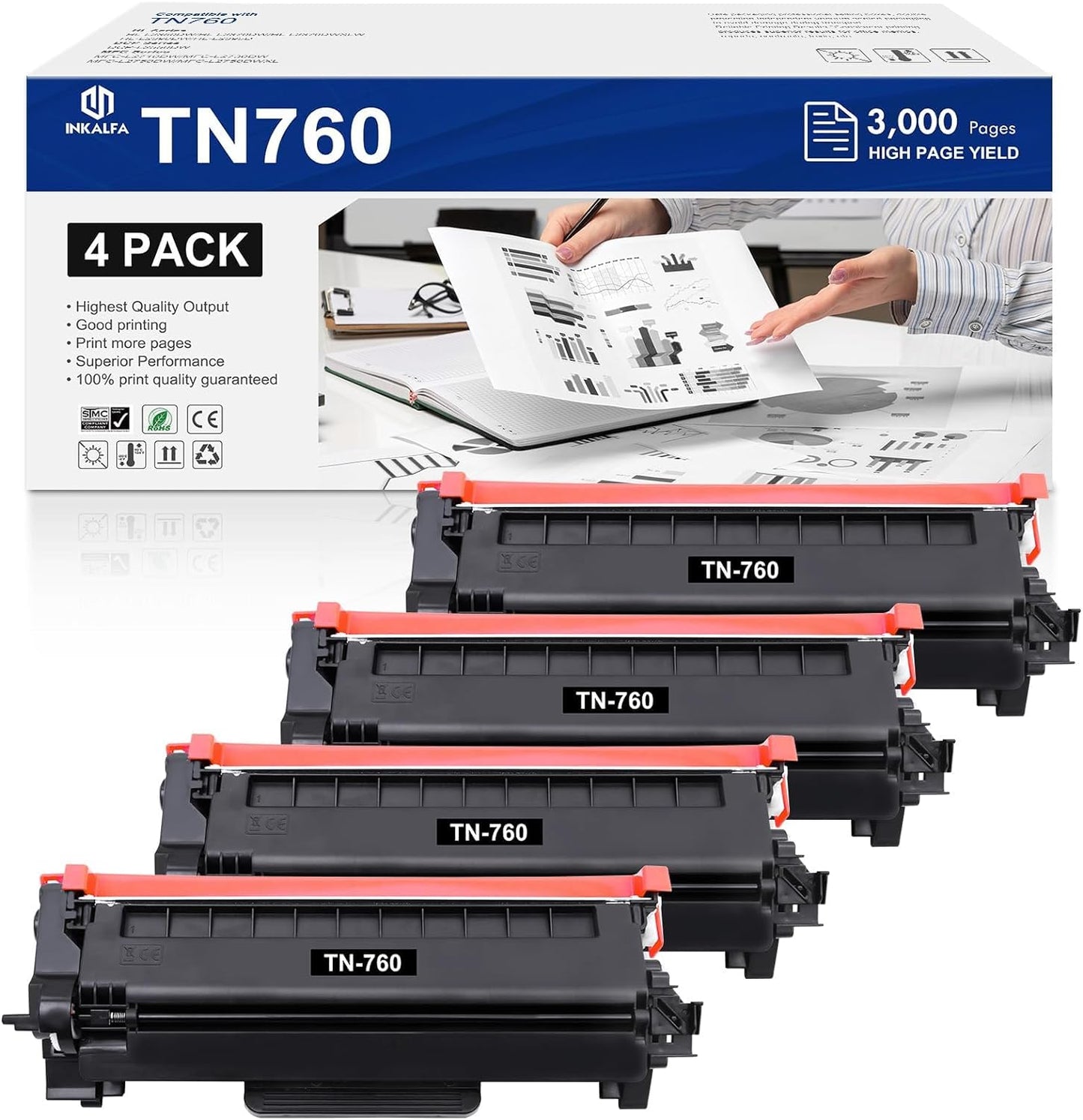 TN760 TN-760 High Yield Toner Cartridge 4-Pack Compatible Replacement for Brother TN760 TN730 TN-760 TN-730 TN 760 730 Black for HL-L2390DW DCP-L2550DW MFC-L2750DW MFC-L2710DW HL-L2370DW HL-L2395DW